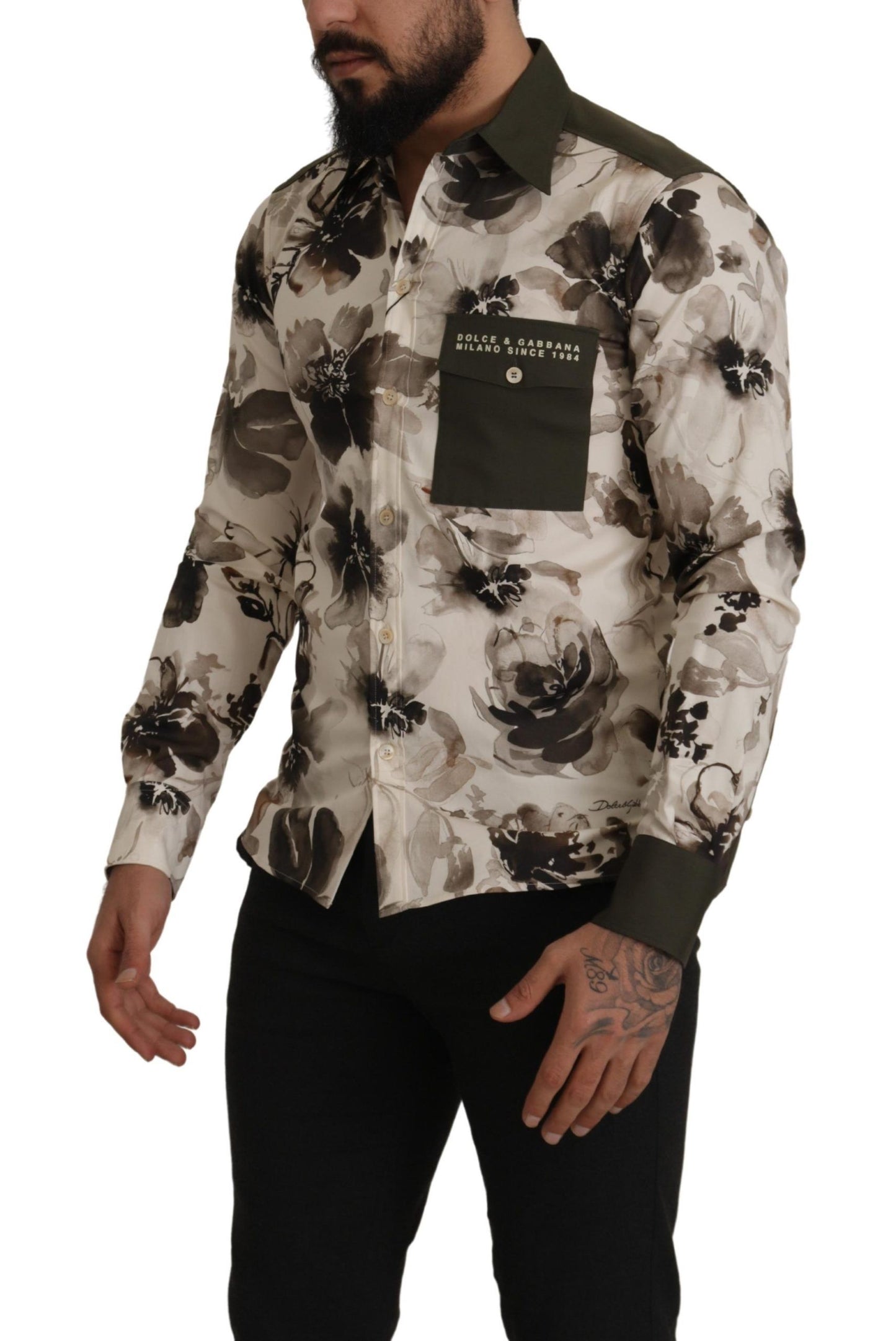 Chemise exclusive en coton extensible à motifs floraux vert et beige de Dolce & Gabbana