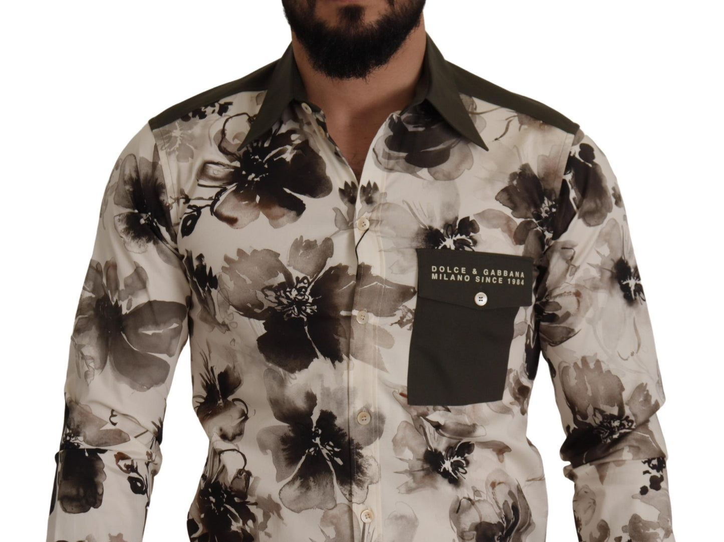 Chemise exclusive en coton extensible à motifs floraux vert et beige de Dolce & Gabbana