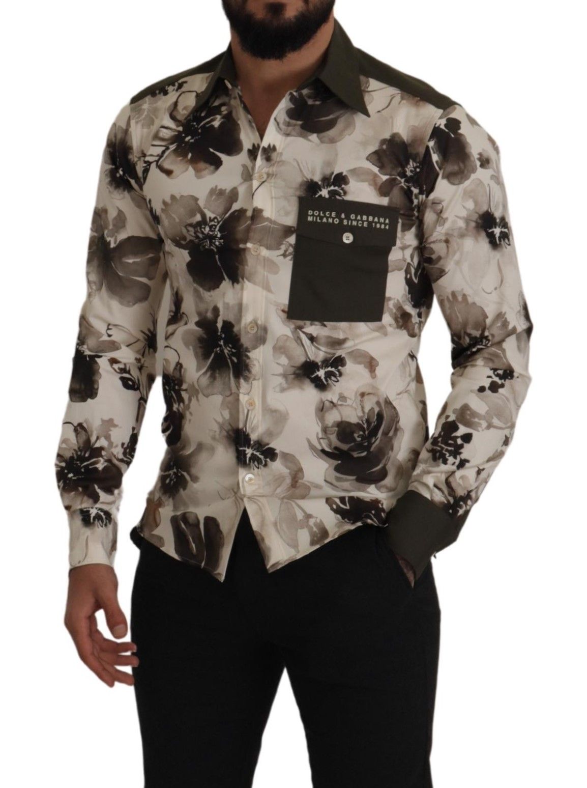Chemise exclusive en coton extensible à motifs floraux vert et beige de Dolce & Gabbana
