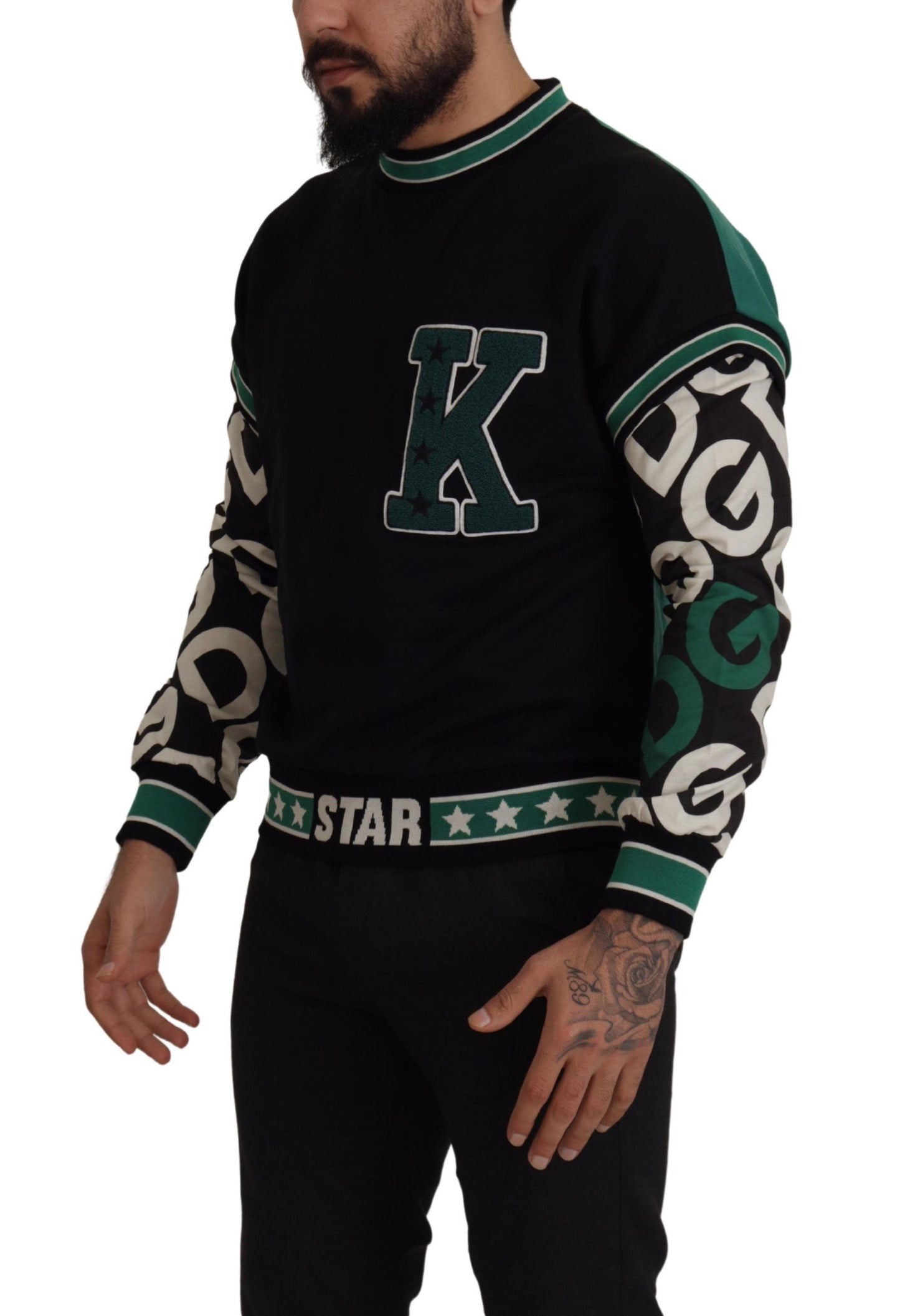Pull en coton noir et vert KING Star à col rond de Dolce & Gabbana