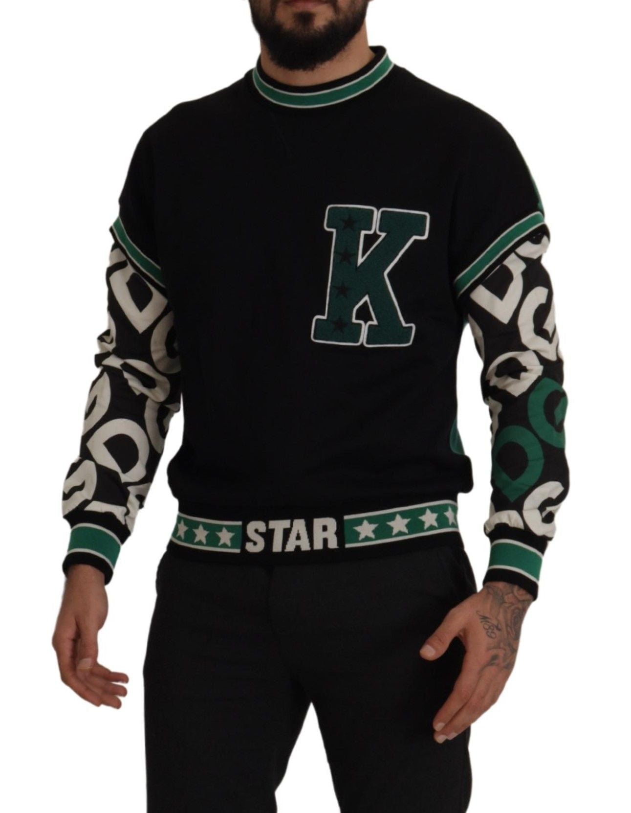 Pull en coton noir et vert KING Star à col rond de Dolce & Gabbana
