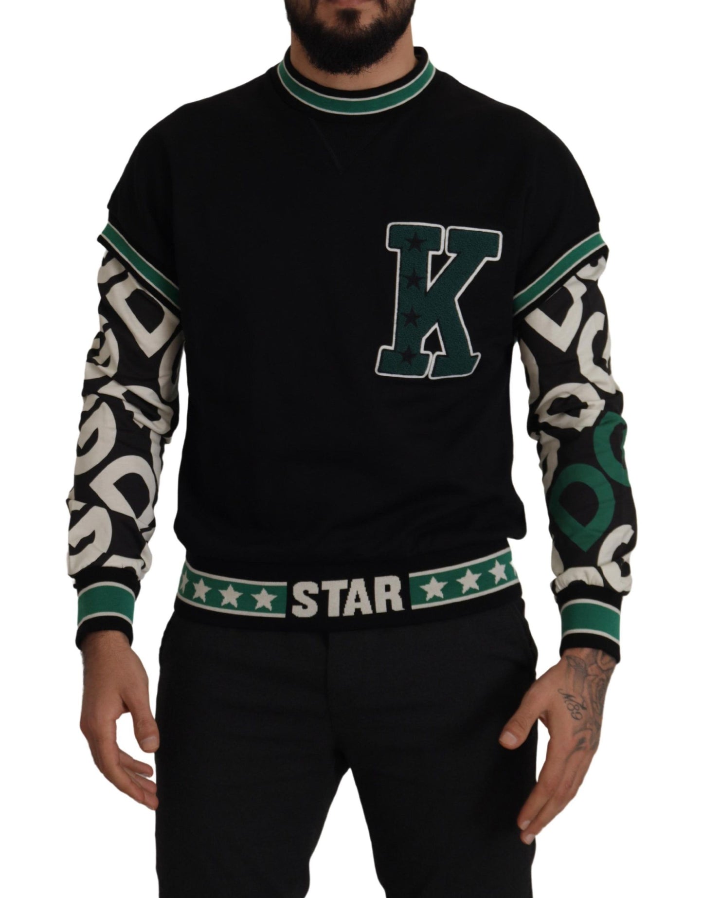 Pull en coton noir et vert KING Star à col rond de Dolce & Gabbana