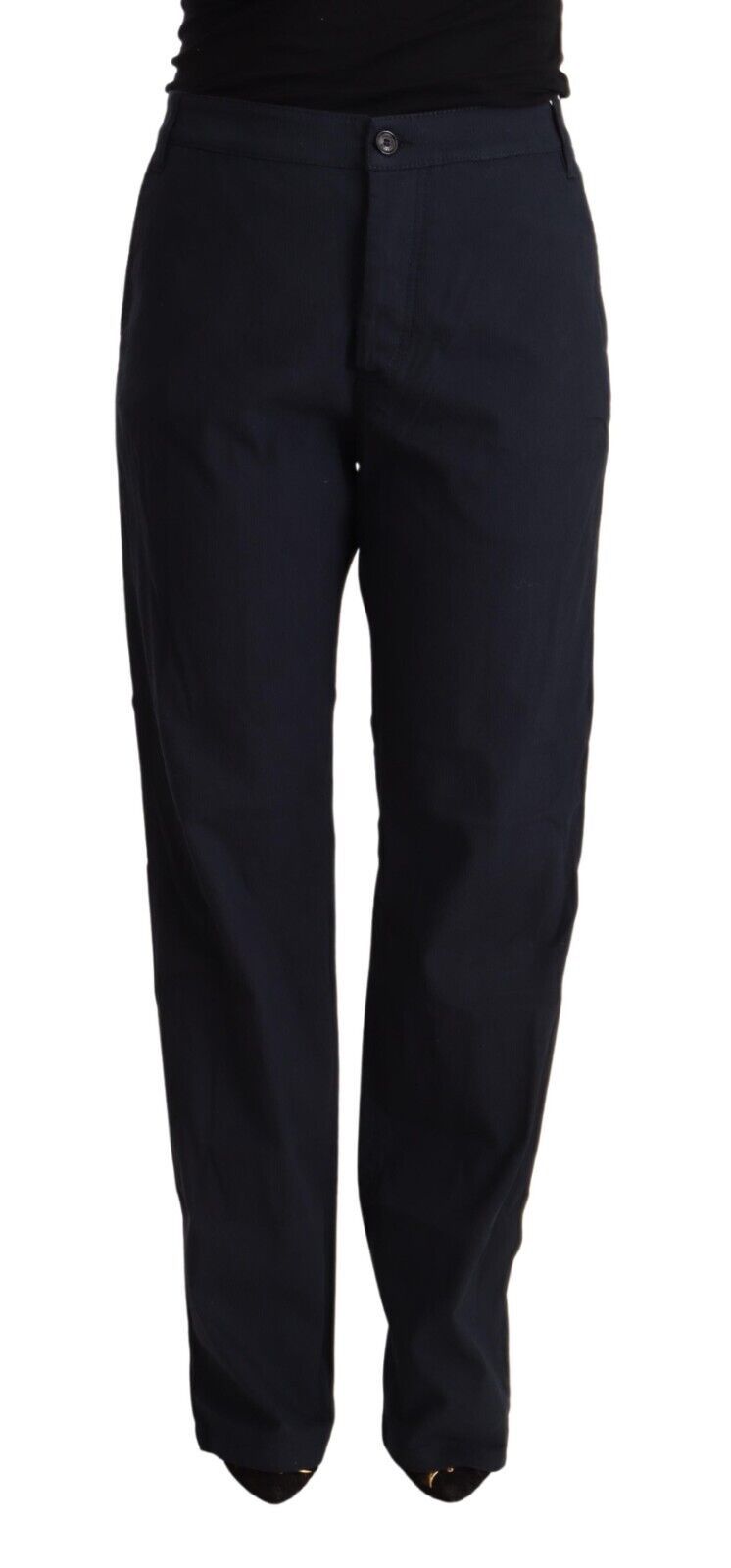 Exte Zwarte, getrapte katoenen broek met hoge taille