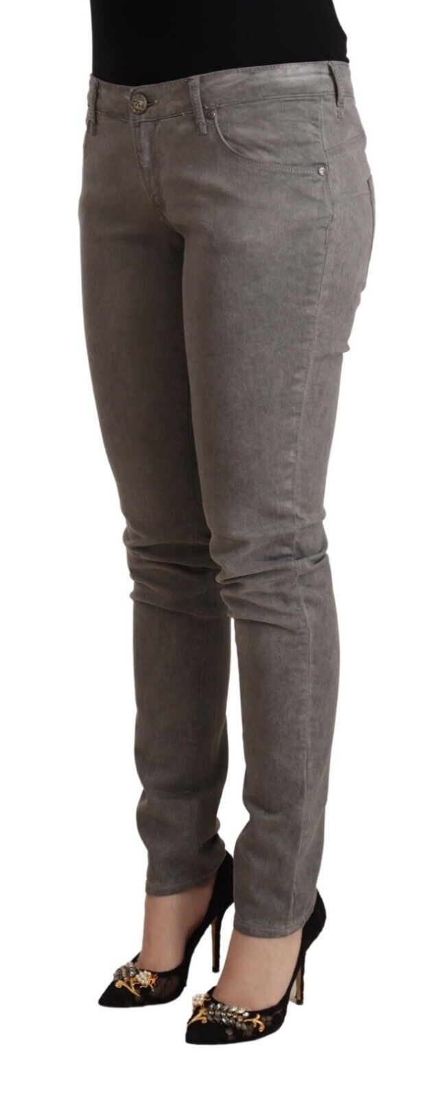 Acht grijze katoenen skinny push-up jeans met lage taille.