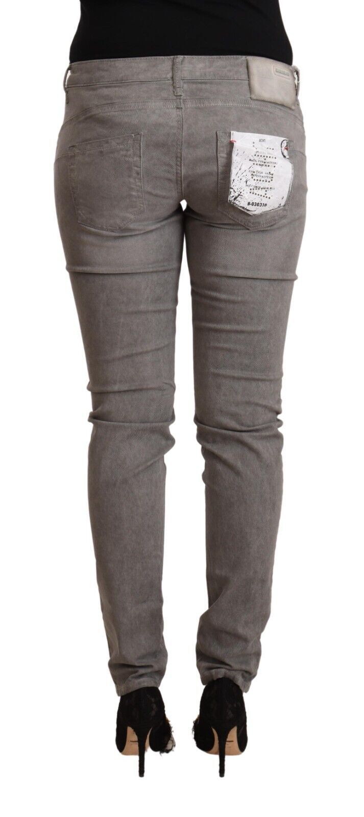 Acht grijze katoenen skinny push-up jeans met lage taille.