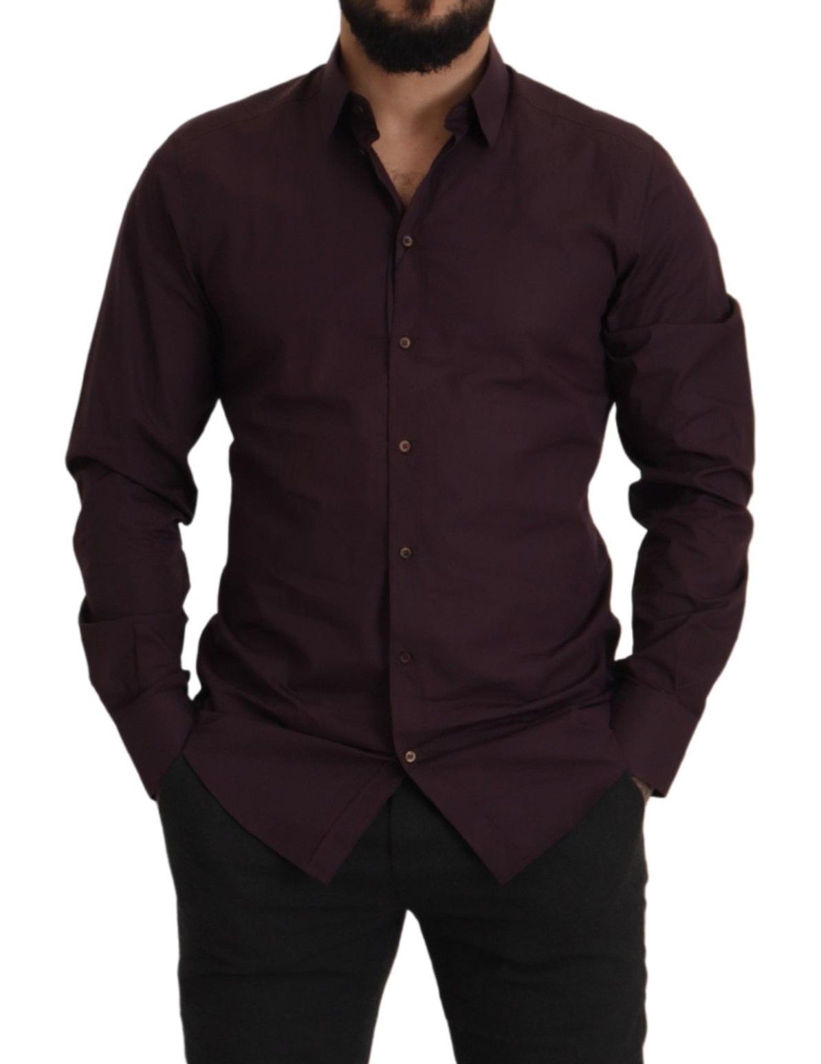 Chemise habillée à manches longues en coton violet, coupe slim, dorée, Dolce & Gabbana.