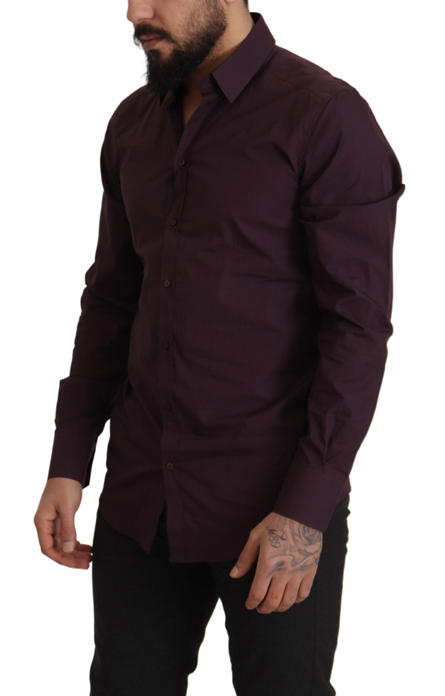 Chemise habillée à manches longues en coton violet, coupe slim, dorée, Dolce & Gabbana.