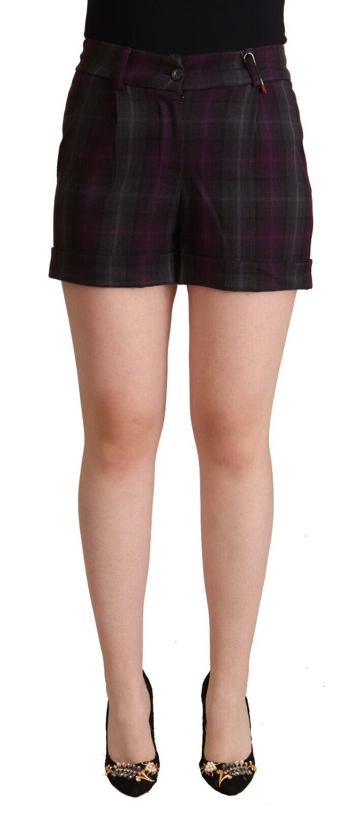 BENCIVENGA Short à carreaux multicolores à taille mi-hauteur et ourlet retroussé