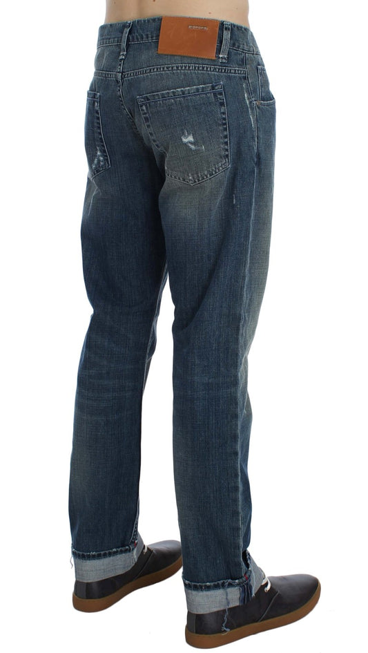 Acht blauw gewassen katoenen denim regular fit jeans