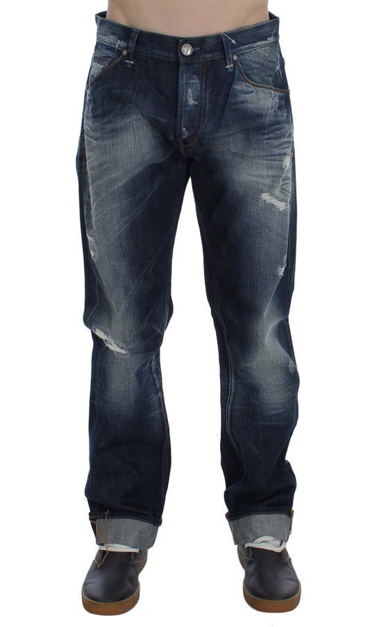 Acht blauw gewassen katoenen denim regular fit jeans