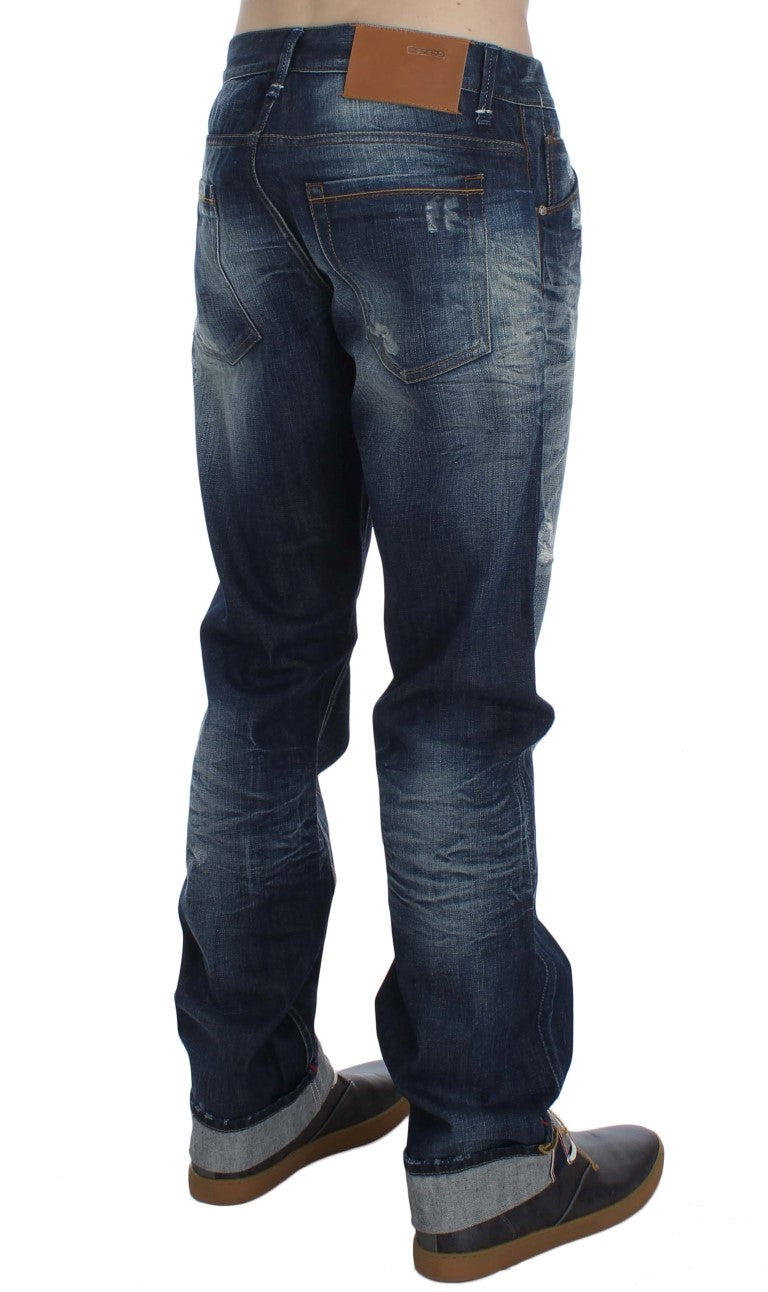 Acht blauw gewassen katoenen denim regular fit jeans