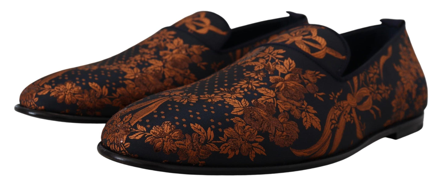 Dolce & Gabbana blauwe, roestkleurige, bloemenprint slippers/loafers.