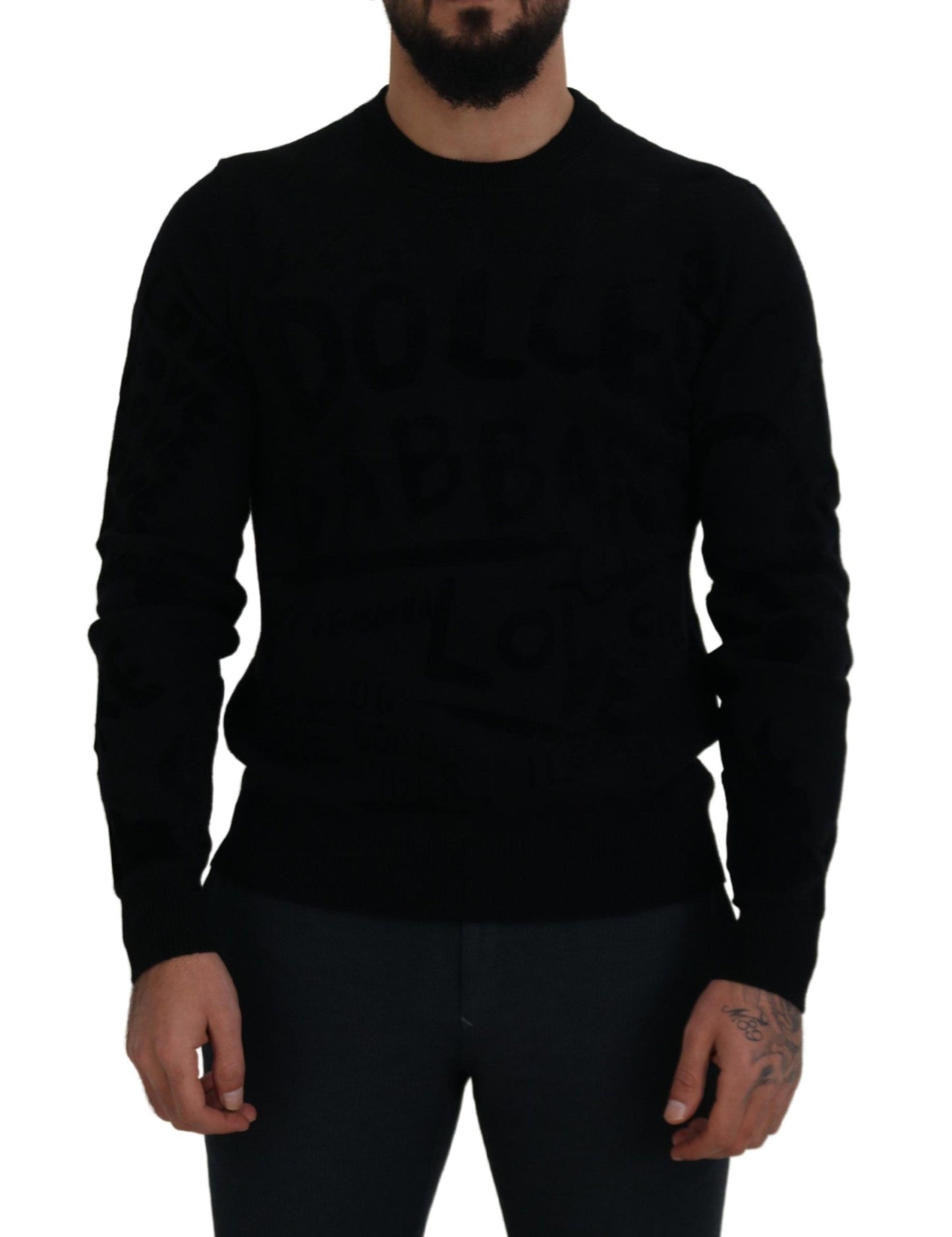 Pull en laine à col rond noir avec motif logo de Dolce & Gabbana
