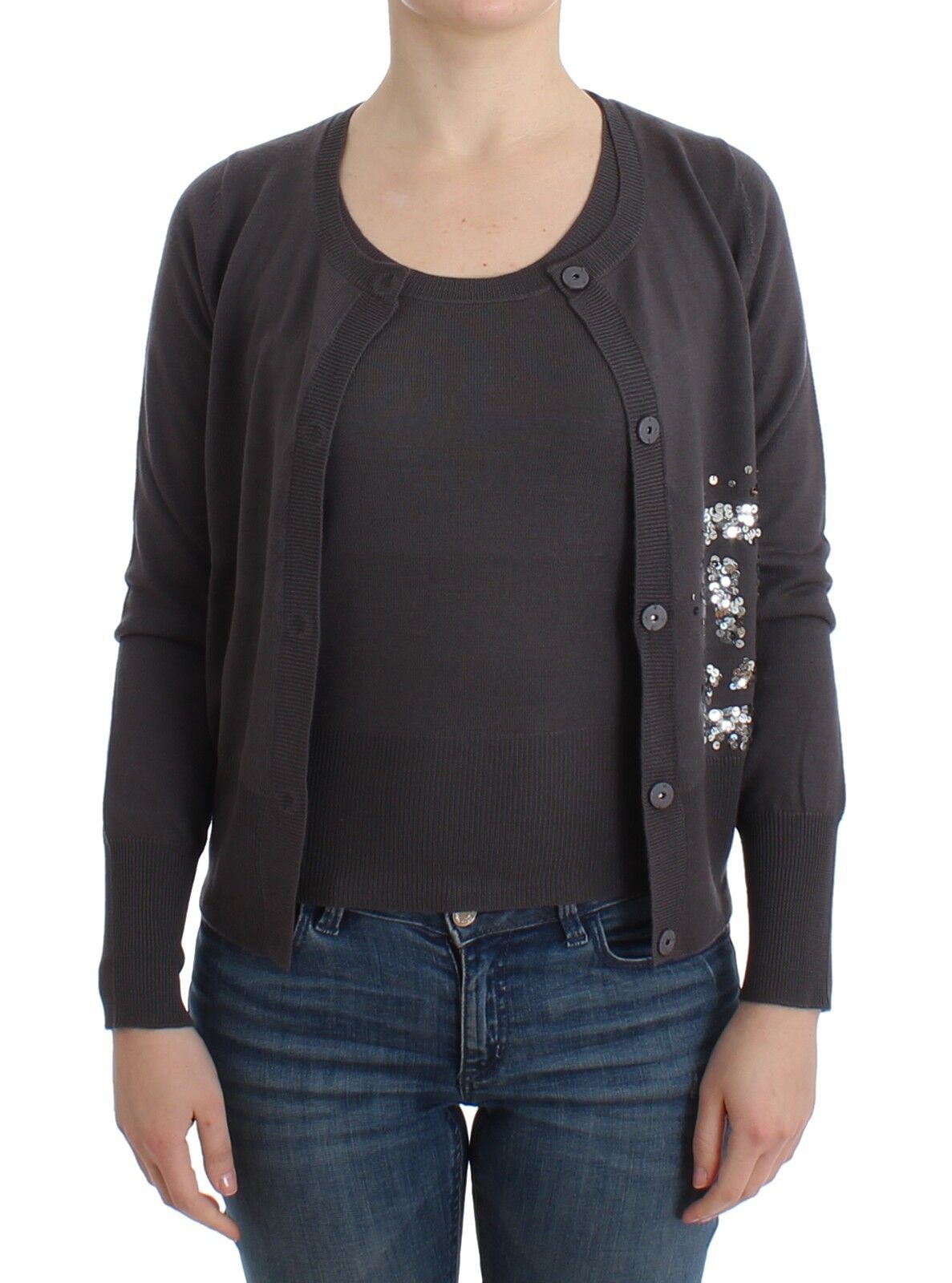 John Galliano paarse wollen, met pailletten versierde, gebreide cardigan.