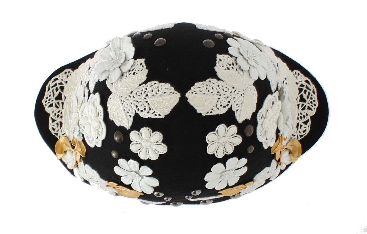 Chapeau Dolce & Gabbana en laine noire à fleurs blanches et feuilles d'or