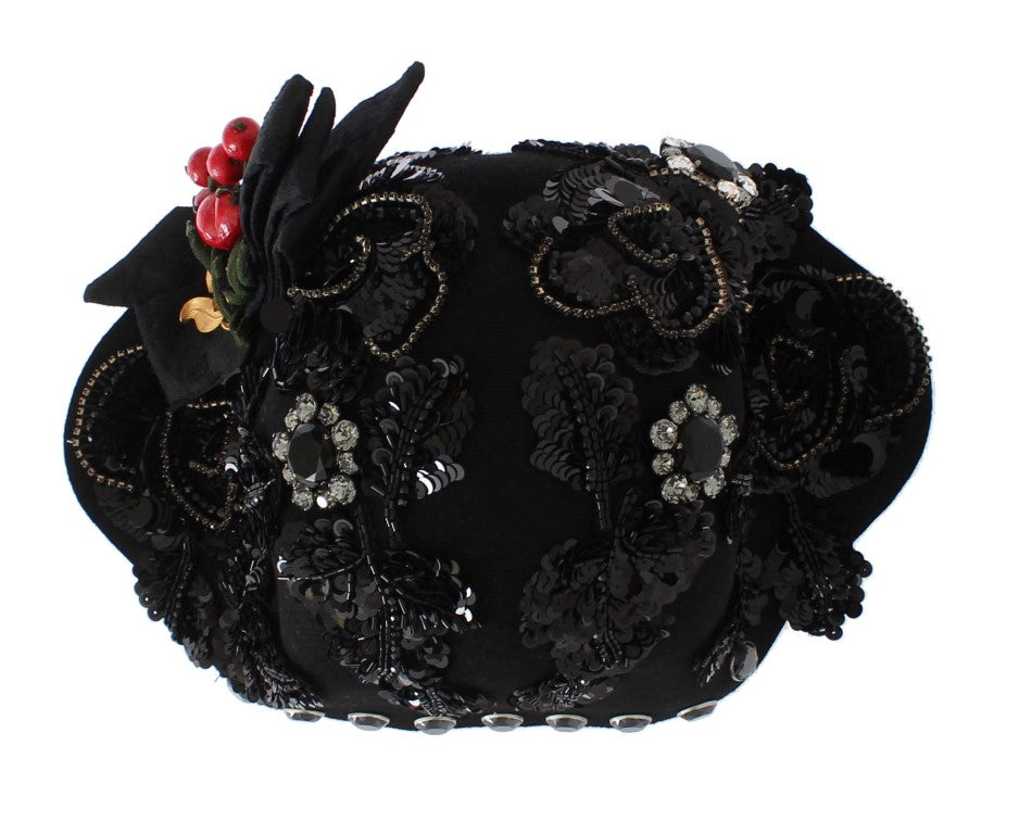 Dolce & Gabbana - Broche chapeau cerises en cristal noir et or