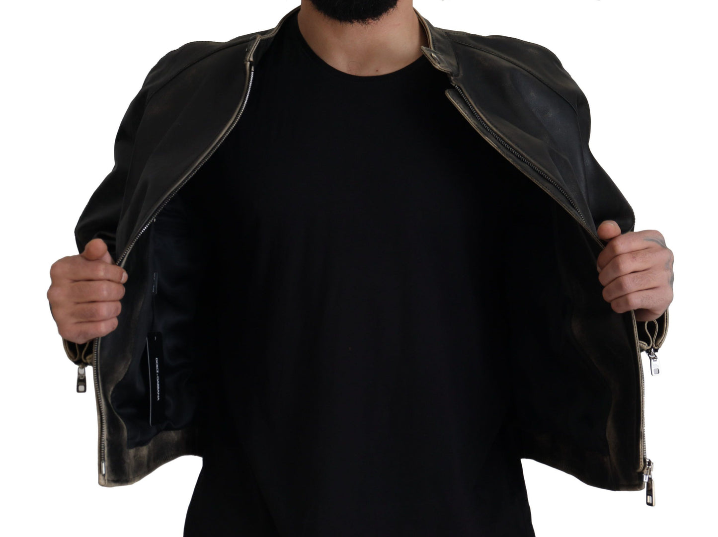 Veste motard en cuir noir à fermeture éclair Dolce & Gabbana