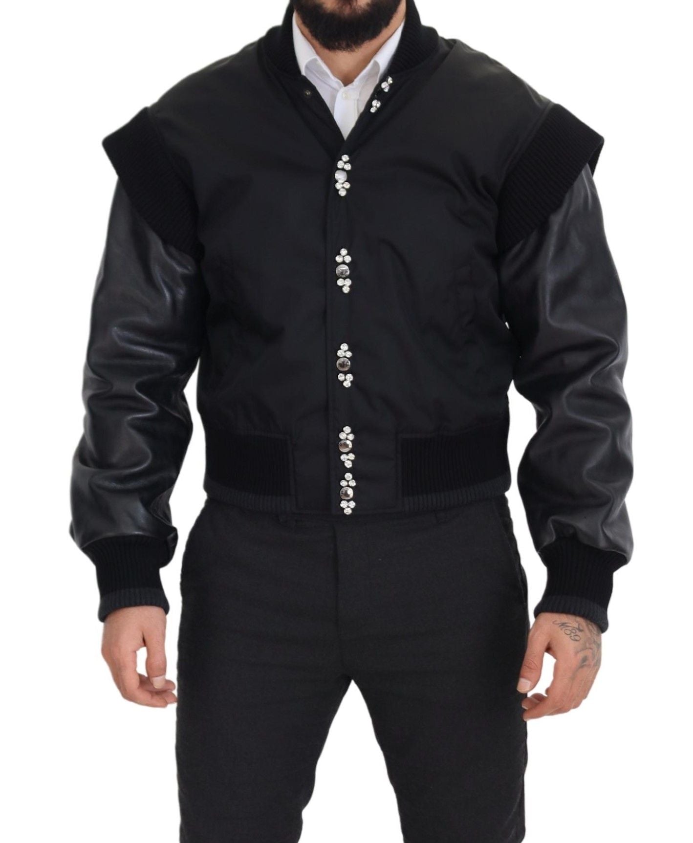 Dolce & Gabbana Veste à boutons en nylon noir avec cristaux