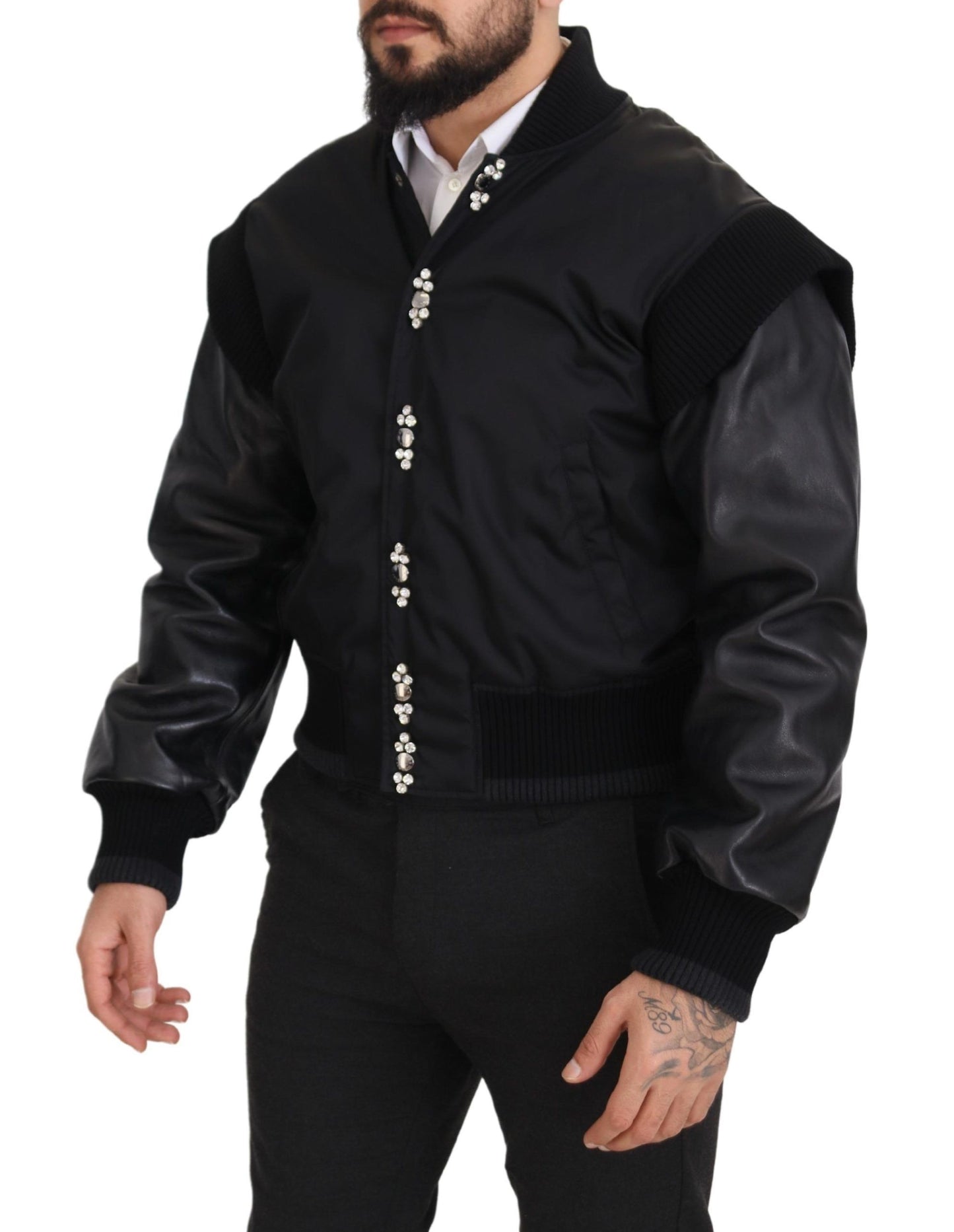 Dolce & Gabbana Veste à boutons en nylon noir avec cristaux