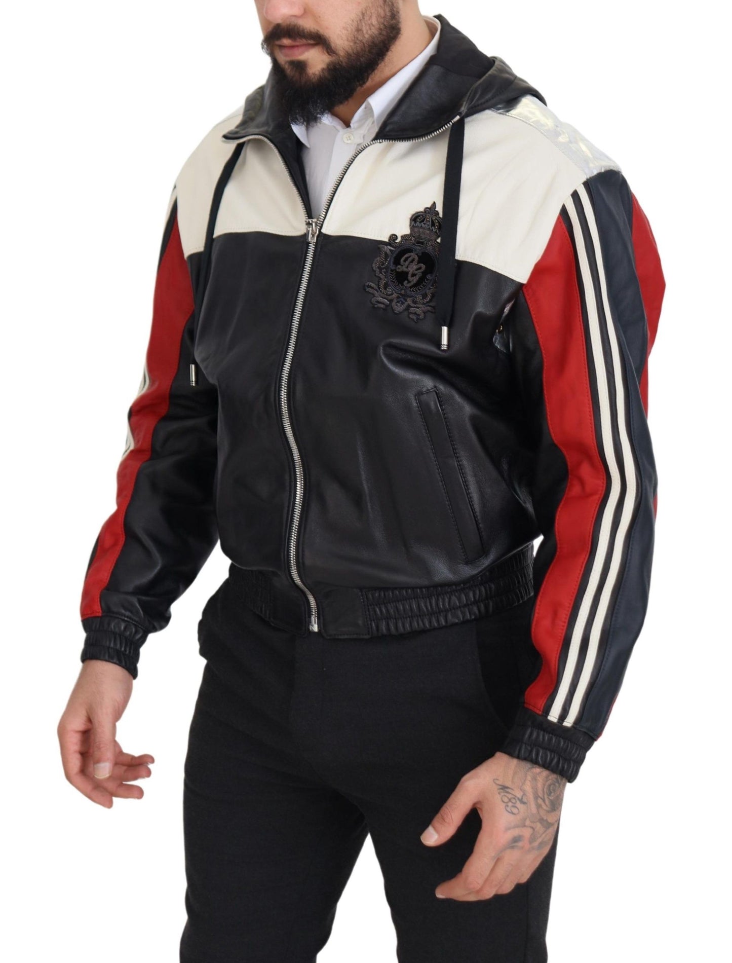 Dolce & Gabbana Veste-blouson en cuir noir avec capuche