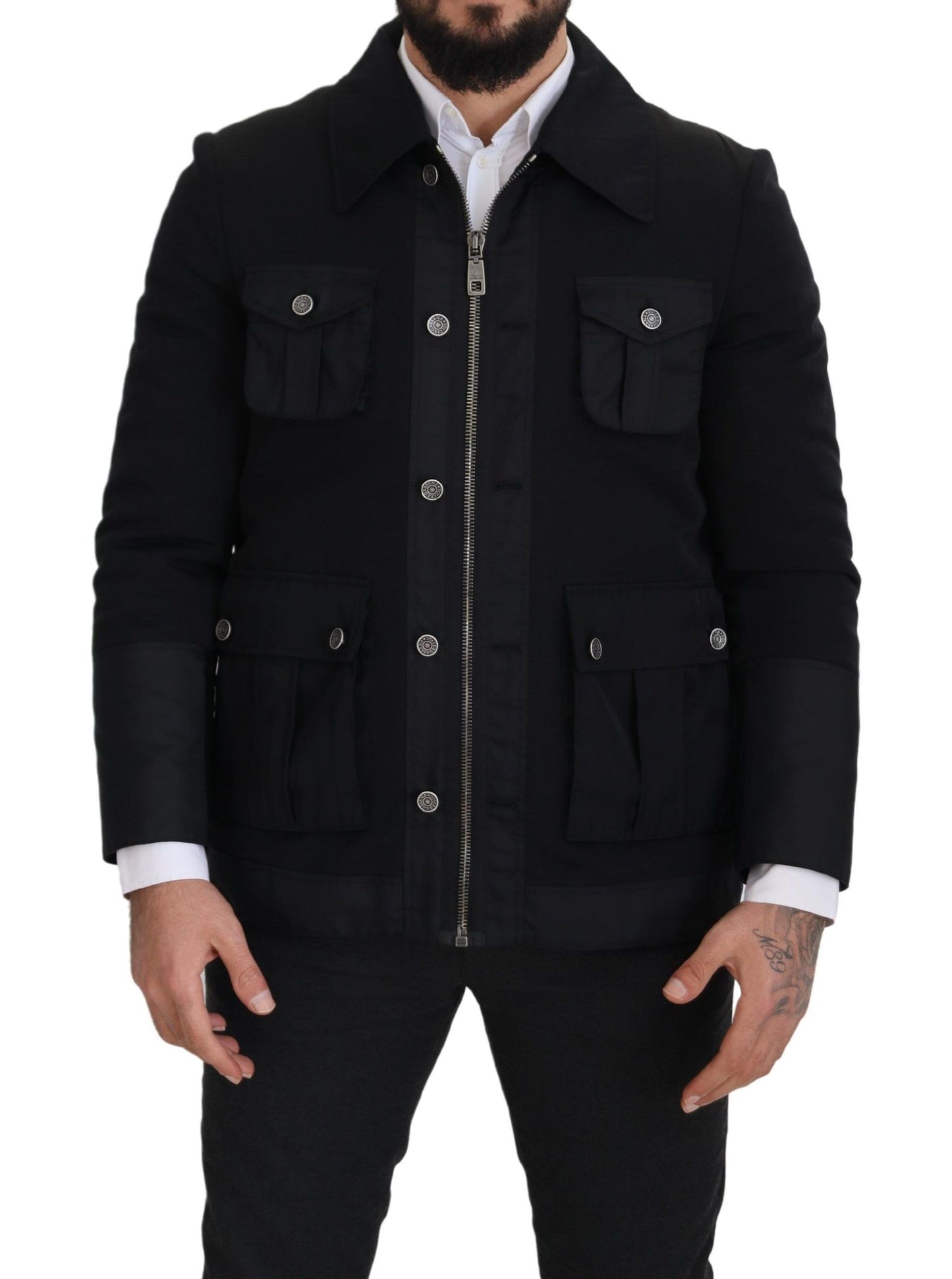 Veste à col montant et fermeture éclair intégrale en laine noire de Dolce & Gabbana