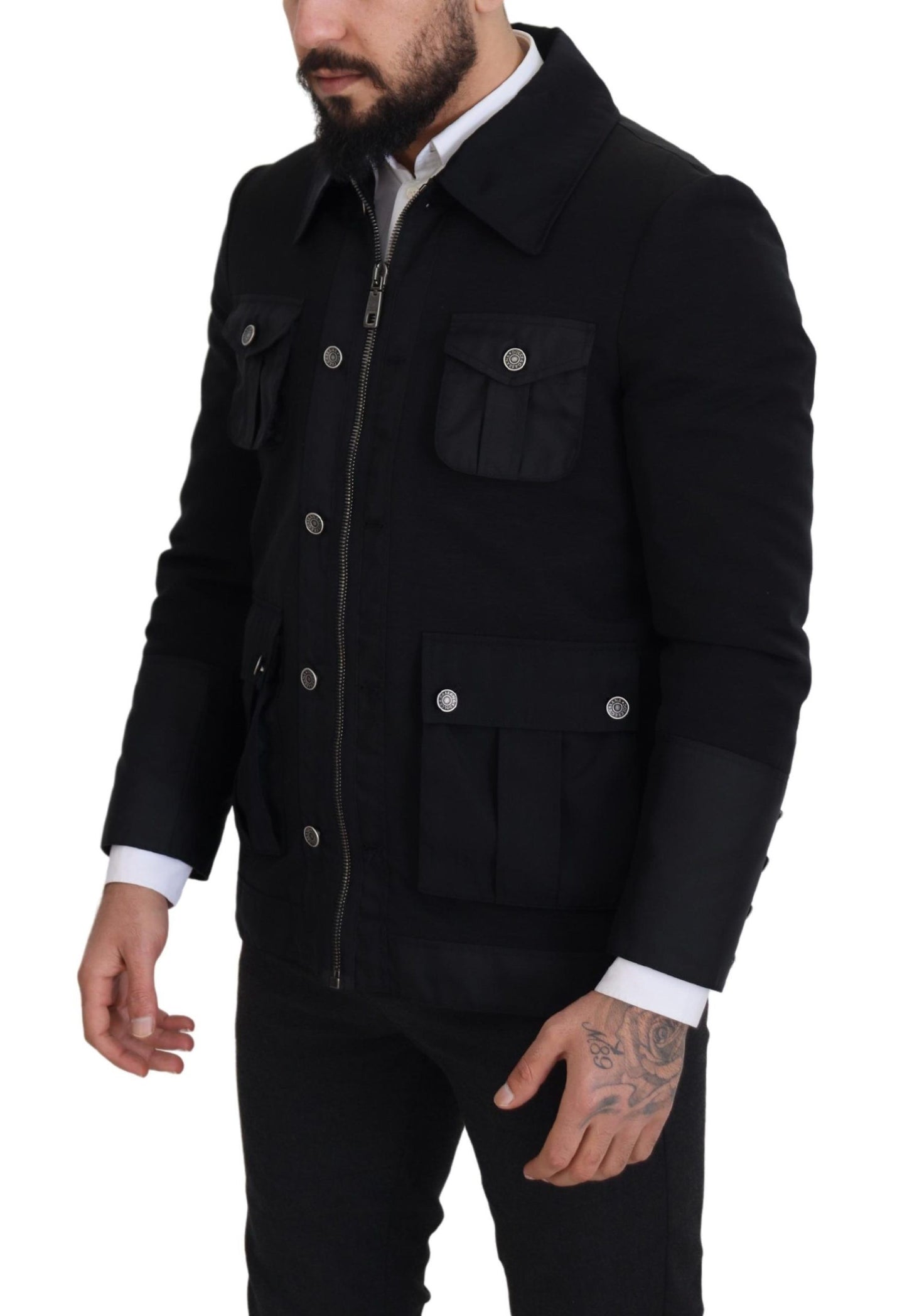 Veste à col montant et fermeture éclair intégrale en laine noire de Dolce & Gabbana