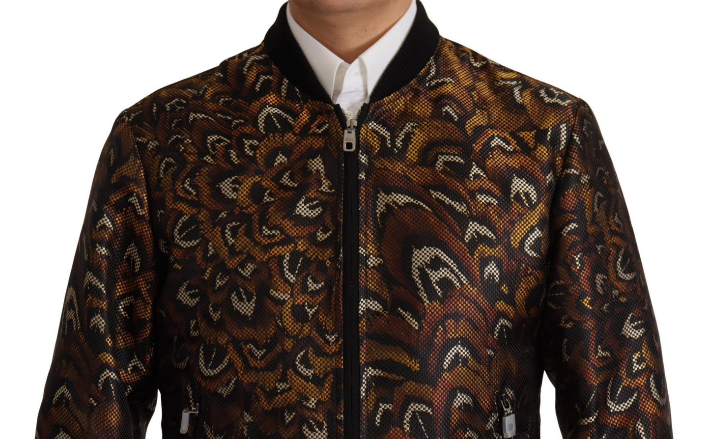Blouson à fermeture éclair en plumes marron de Dolce & Gabbana
