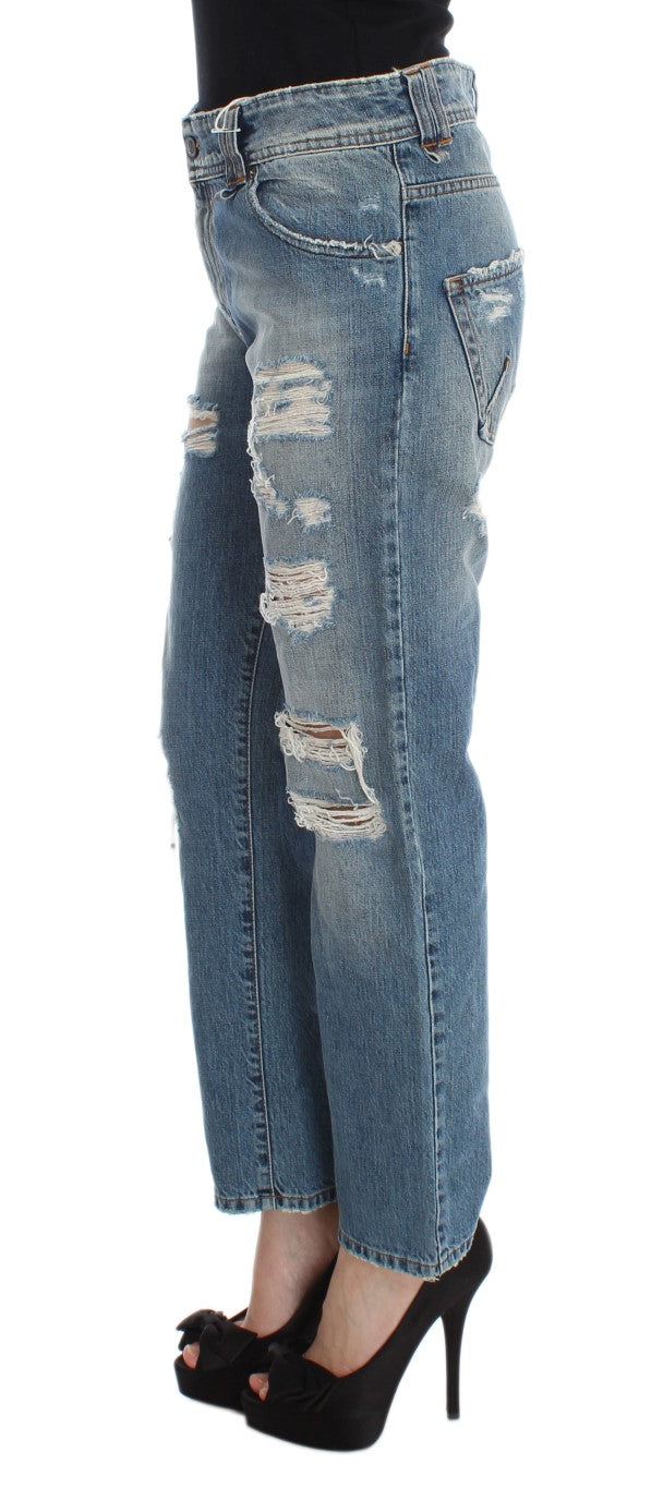 Jean boyfriend taille courte en coton bleu lavé de John Galliano
