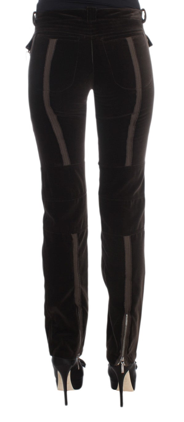 Pantalon slim en velours de coton marron avec zips d'Ermanno Scervino