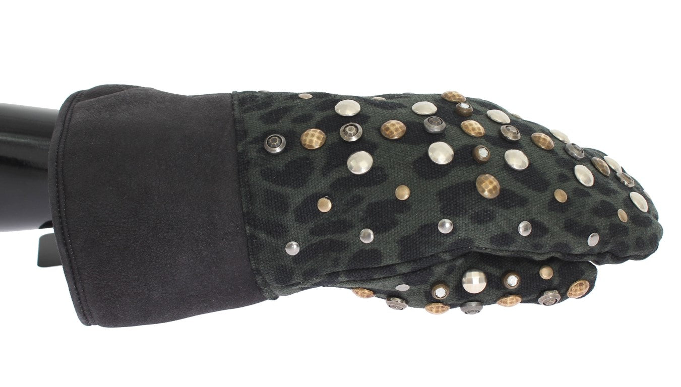 Dolce & Gabbana Grijze Wollen Schapenvacht Groen Luipaard Handschoenen met Studs