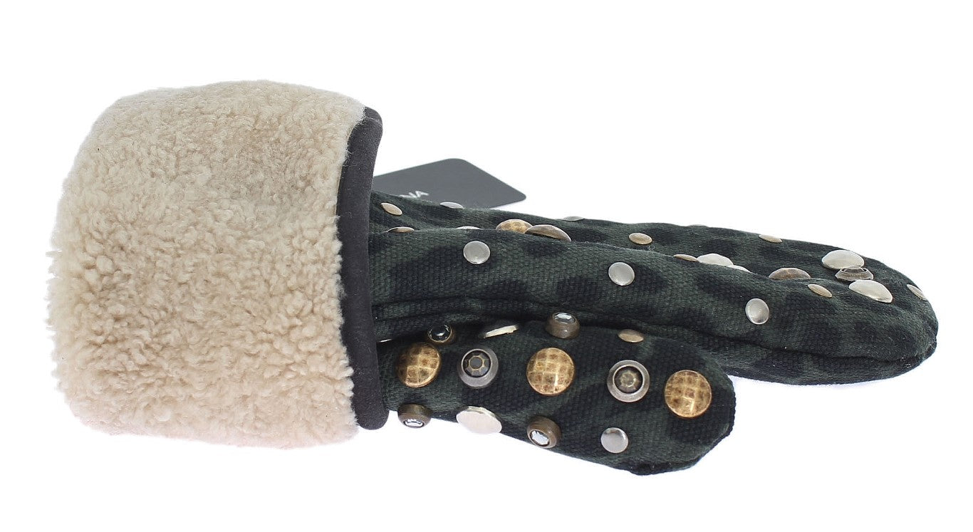 Dolce & Gabbana Grijze Wollen Schapenvacht Groen Luipaard Handschoenen met Studs