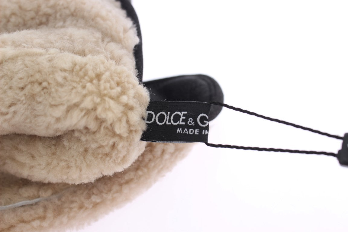 Dolce & Gabbana Grijze Wollen Schapenvacht Groen Luipaard Handschoenen met Studs