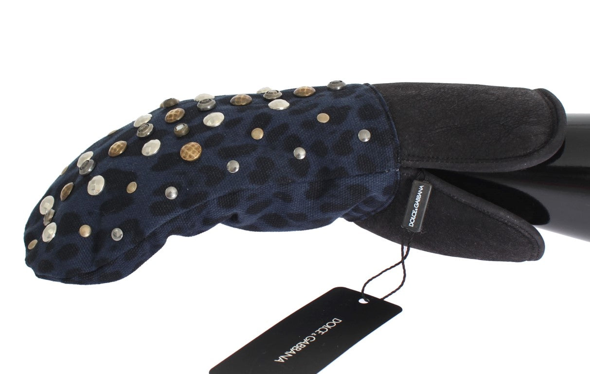 Dolce & Gabbana Grijze Wollen Schapenvacht Studs Blauwe Luipaard Handschoenen