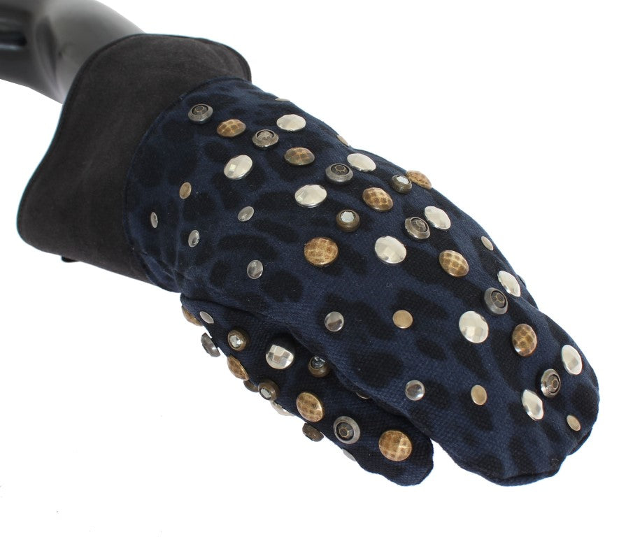 Dolce & Gabbana Grijze Wollen Schapenvacht Studs Blauwe Luipaard Handschoenen