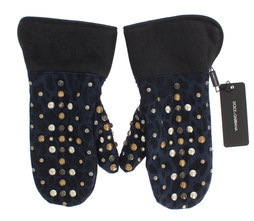 Dolce & Gabbana Grijze Wollen Schapenvacht Studs Blauwe Luipaard Handschoenen