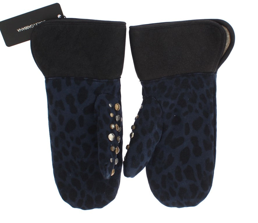 Dolce & Gabbana Grijze Wollen Schapenvacht Studs Blauwe Luipaard Handschoenen