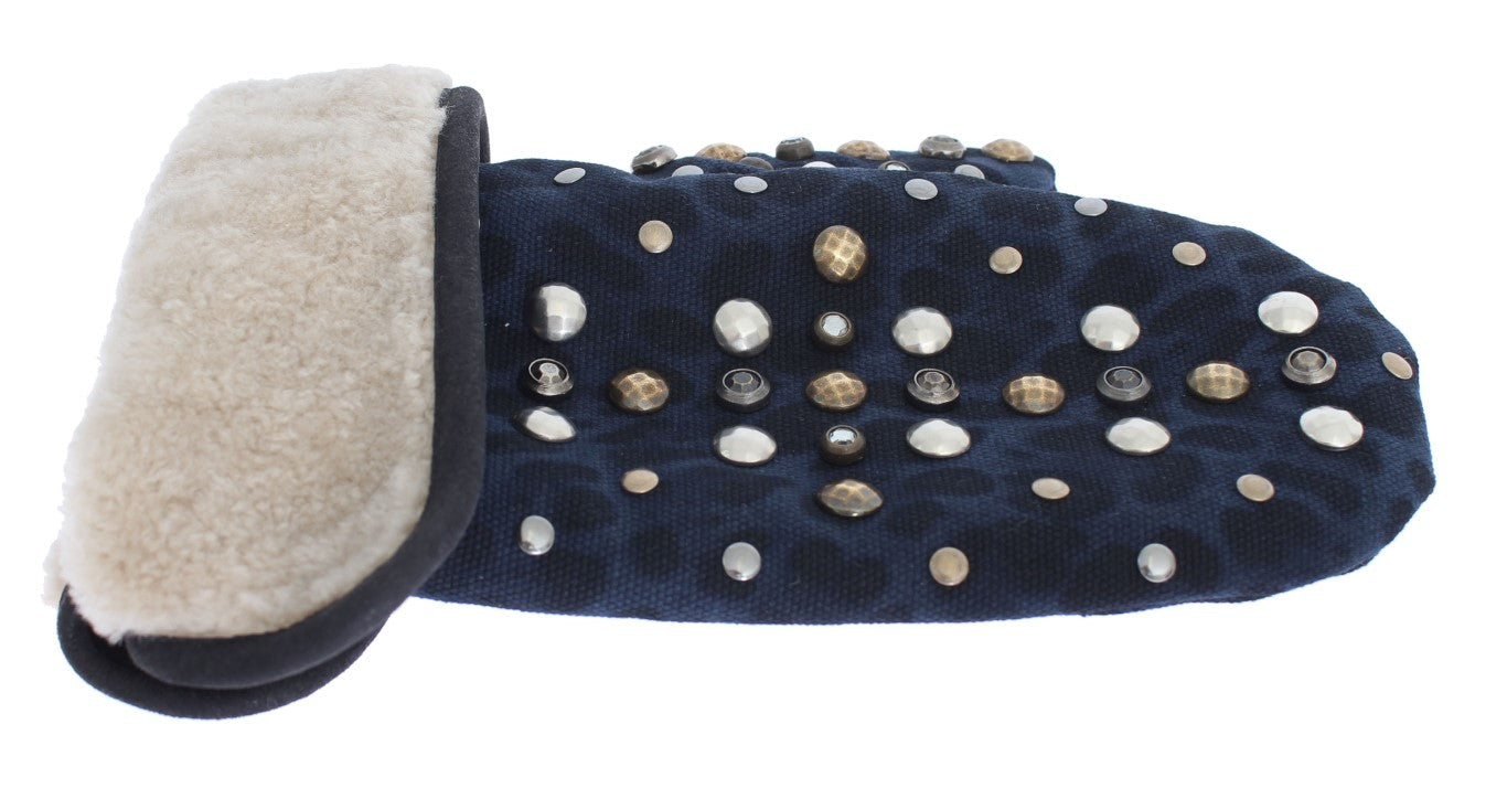 Dolce & Gabbana Grijze Wollen Schapenvacht Studs Blauwe Luipaard Handschoenen