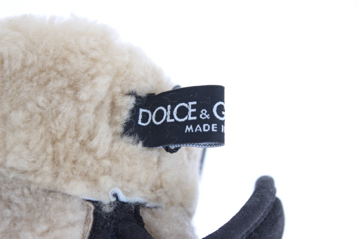 Dolce & Gabbana Grijze Wollen Schapenvacht Studs Blauwe Luipaard Handschoenen