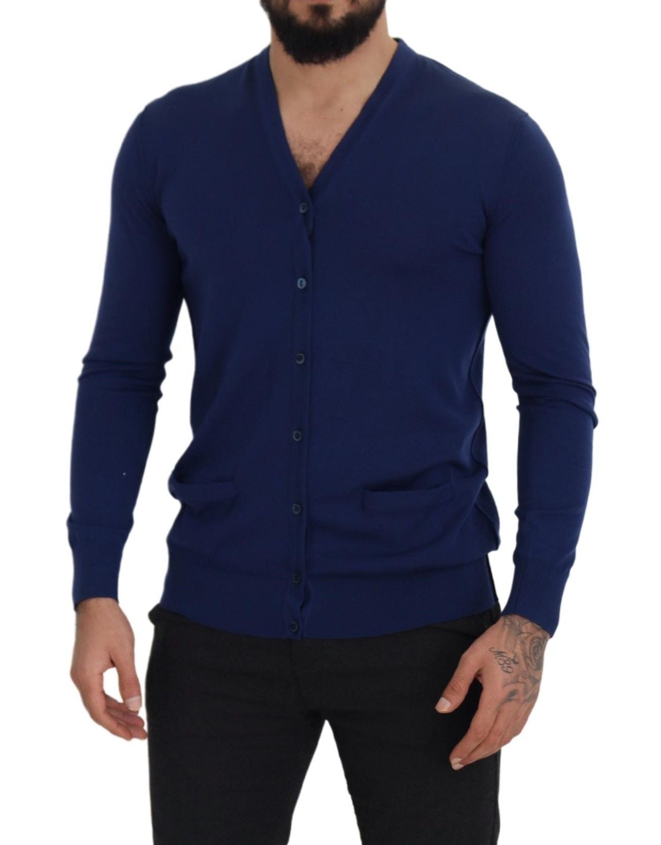 Cardigan en laine bleu à col en V et boutons de Dolce & Gabbana