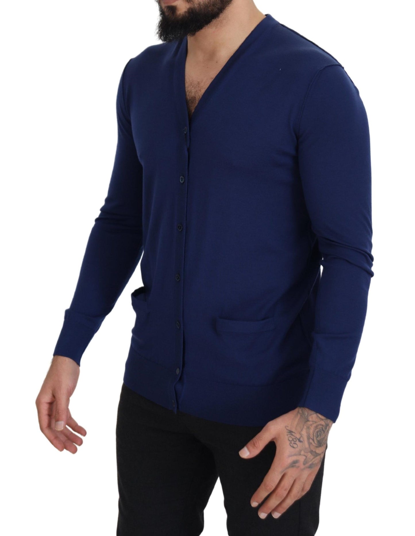 Cardigan en laine bleu à col en V et boutons de Dolce & Gabbana