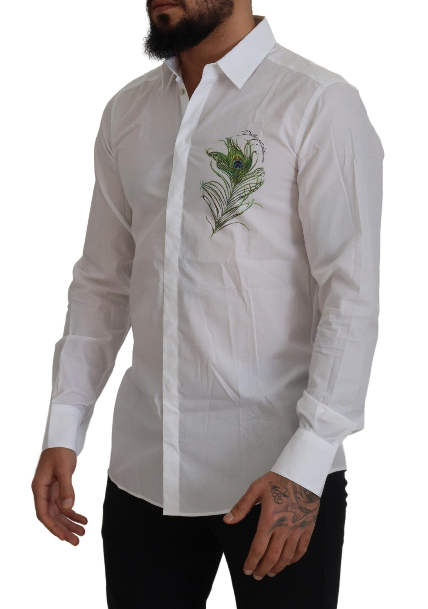 Chemise habillée dorée en coton blanc à plumes de paon Dolce & Gabbana