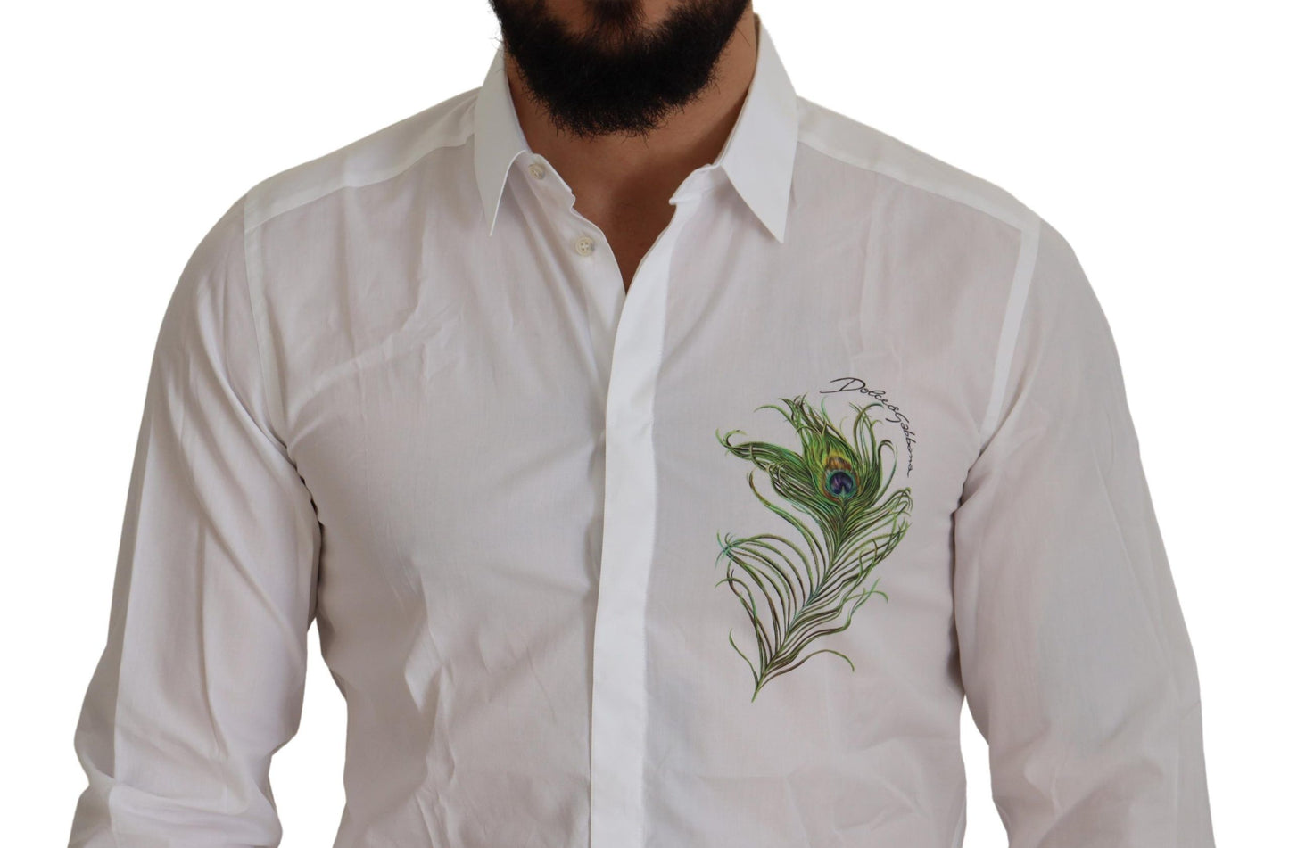 Chemise habillée dorée en coton blanc à plumes de paon Dolce & Gabbana