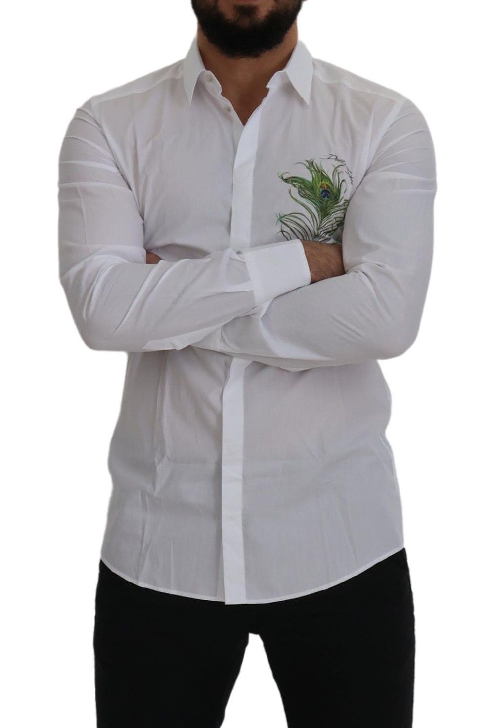 Chemise habillée dorée en coton blanc à plumes de paon Dolce & Gabbana