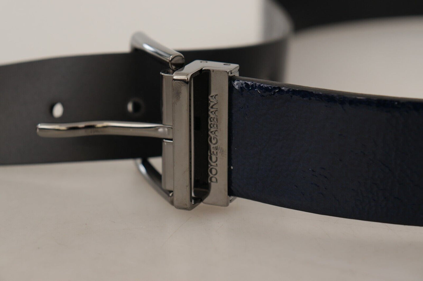 Dolce & Gabbana blauwe lakleren Vernice zilveren riem met gesp met logo