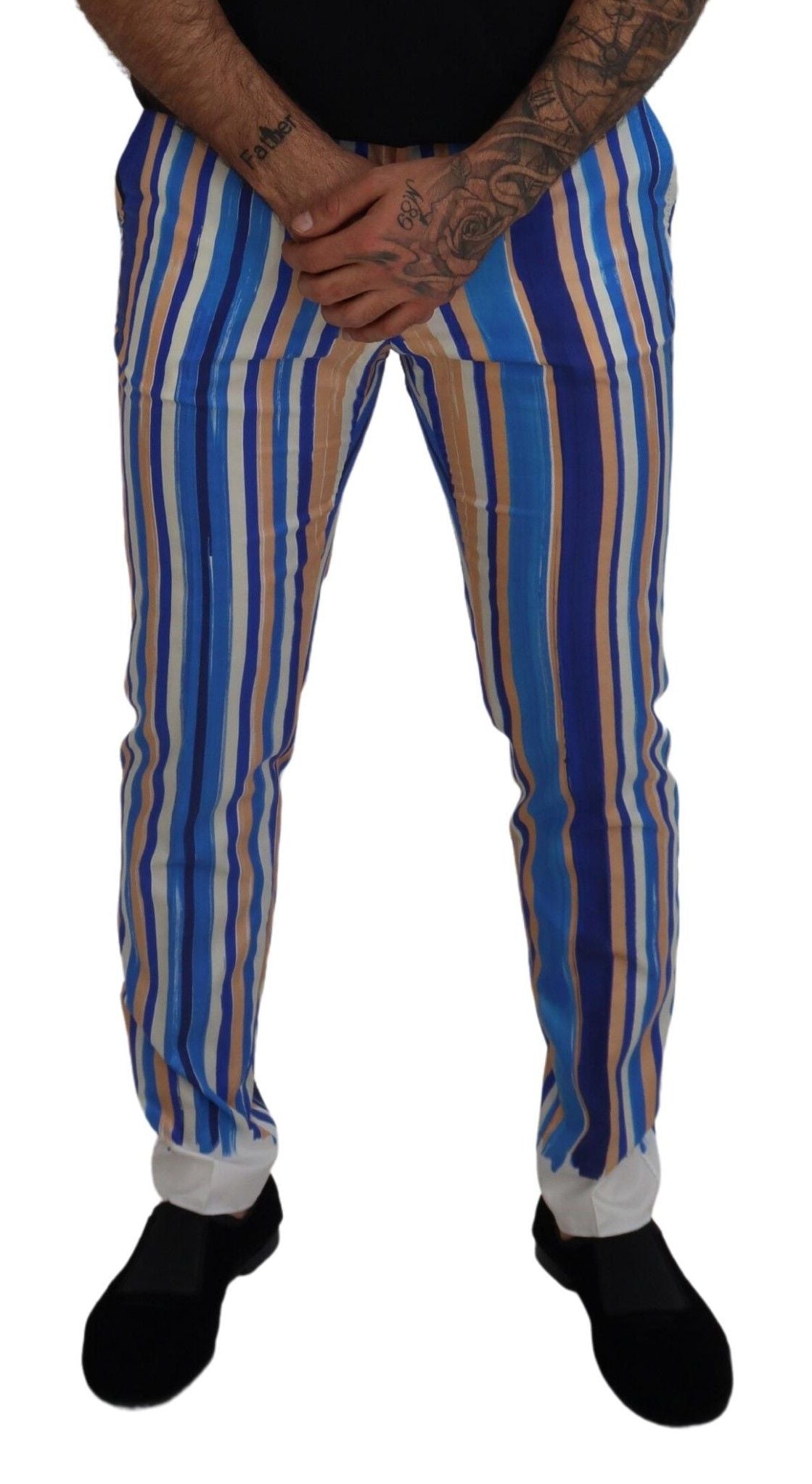 Pantalon slim en coton et soie rayé bleu de Dolce & Gabbana