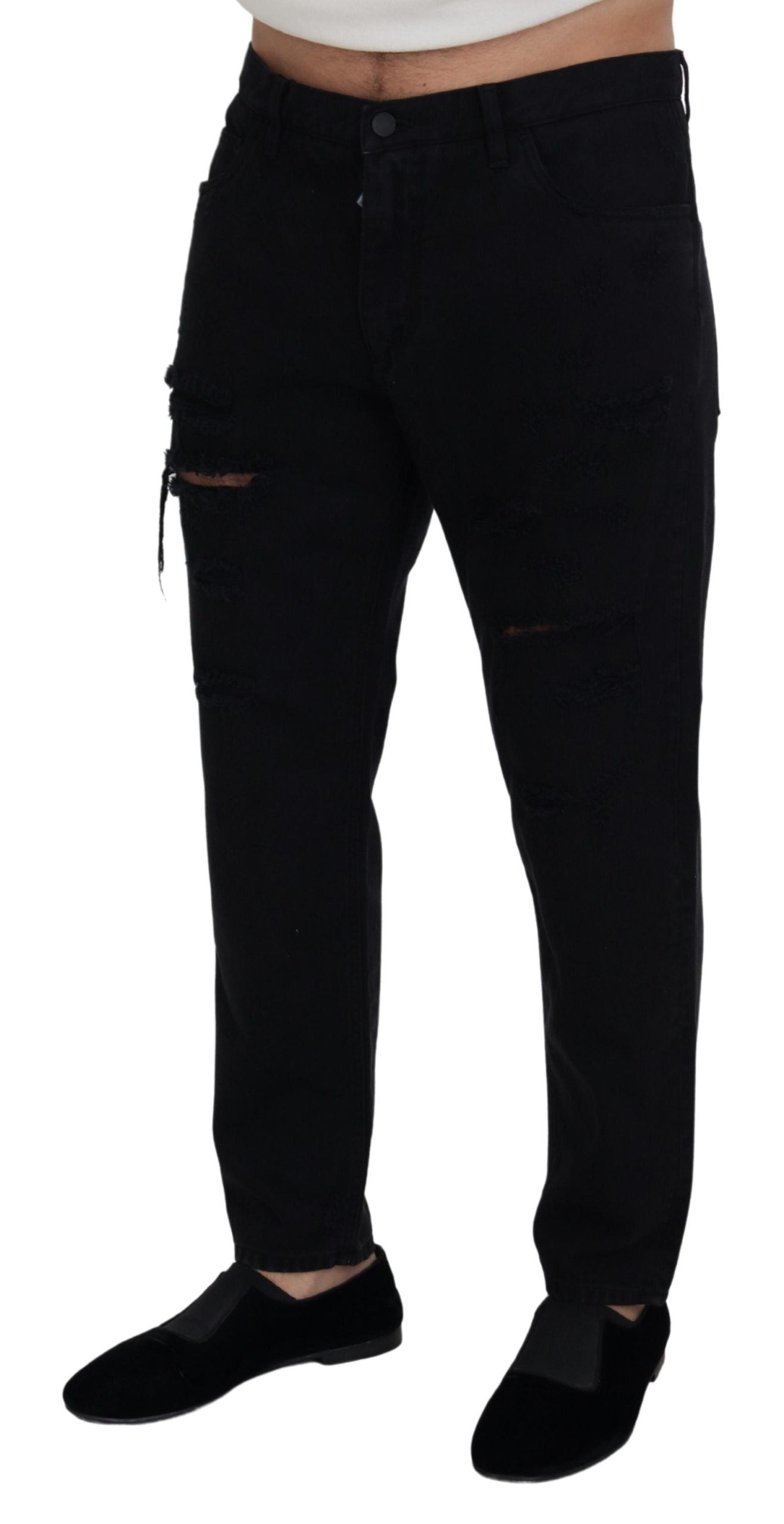 Jeans en coton noir, taille normale, coupe ample et déchirés de Dolce & Gabbana