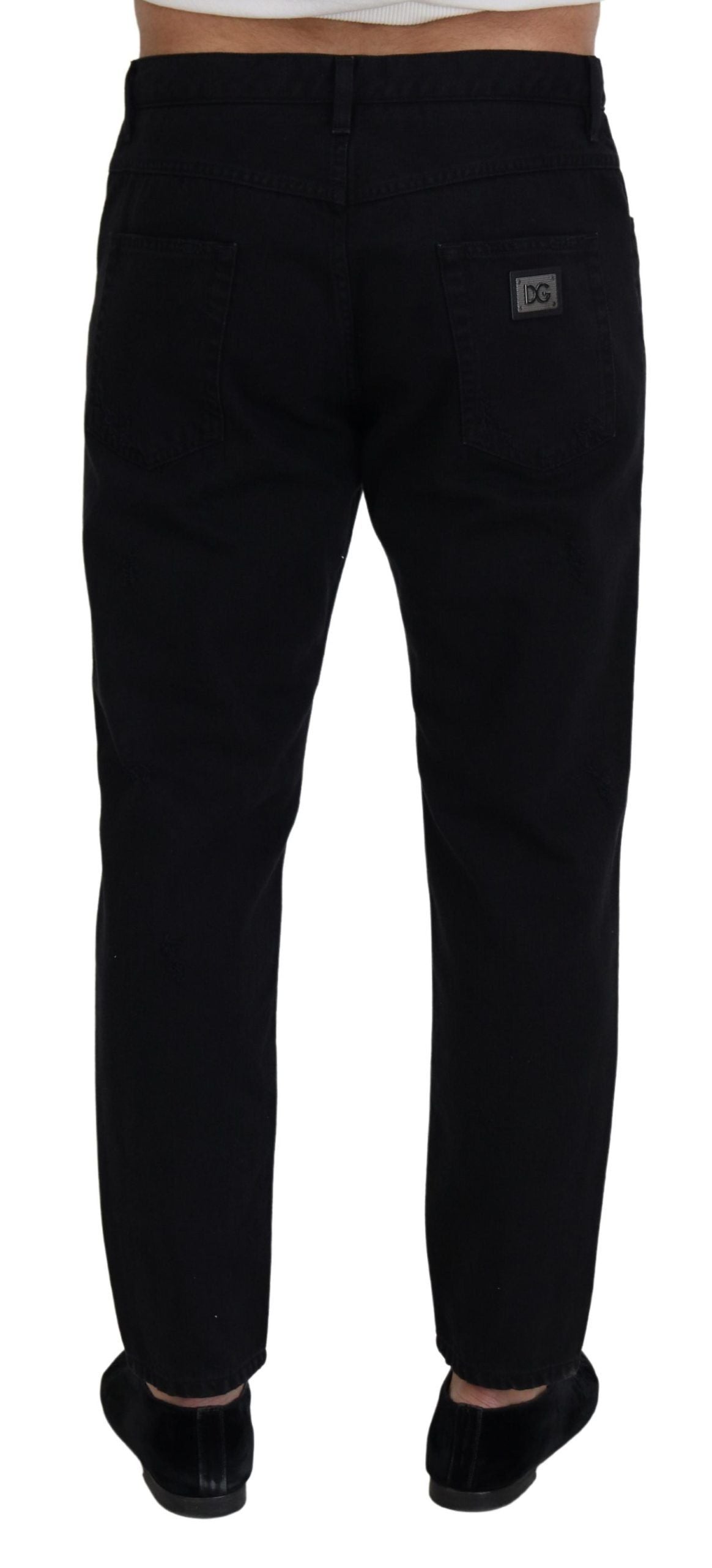 Jeans en coton noir, taille normale, coupe ample et déchirés de Dolce & Gabbana