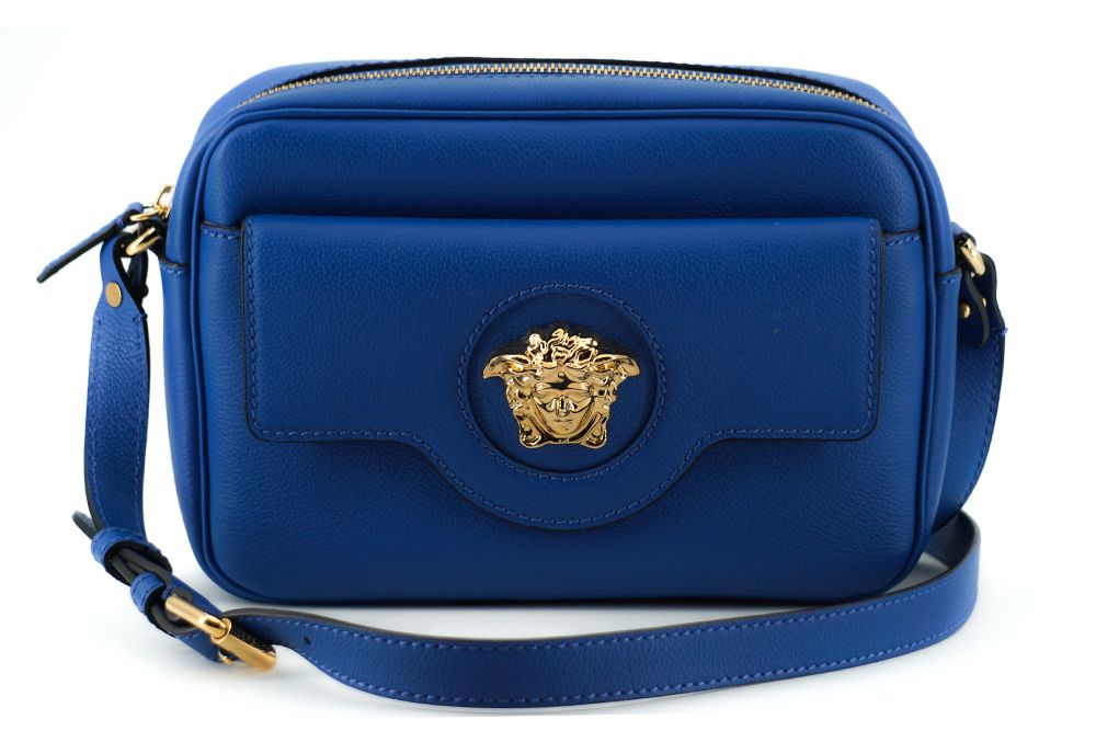 Sacoche pour appareil photo Versace en cuir de veau bleu élégant