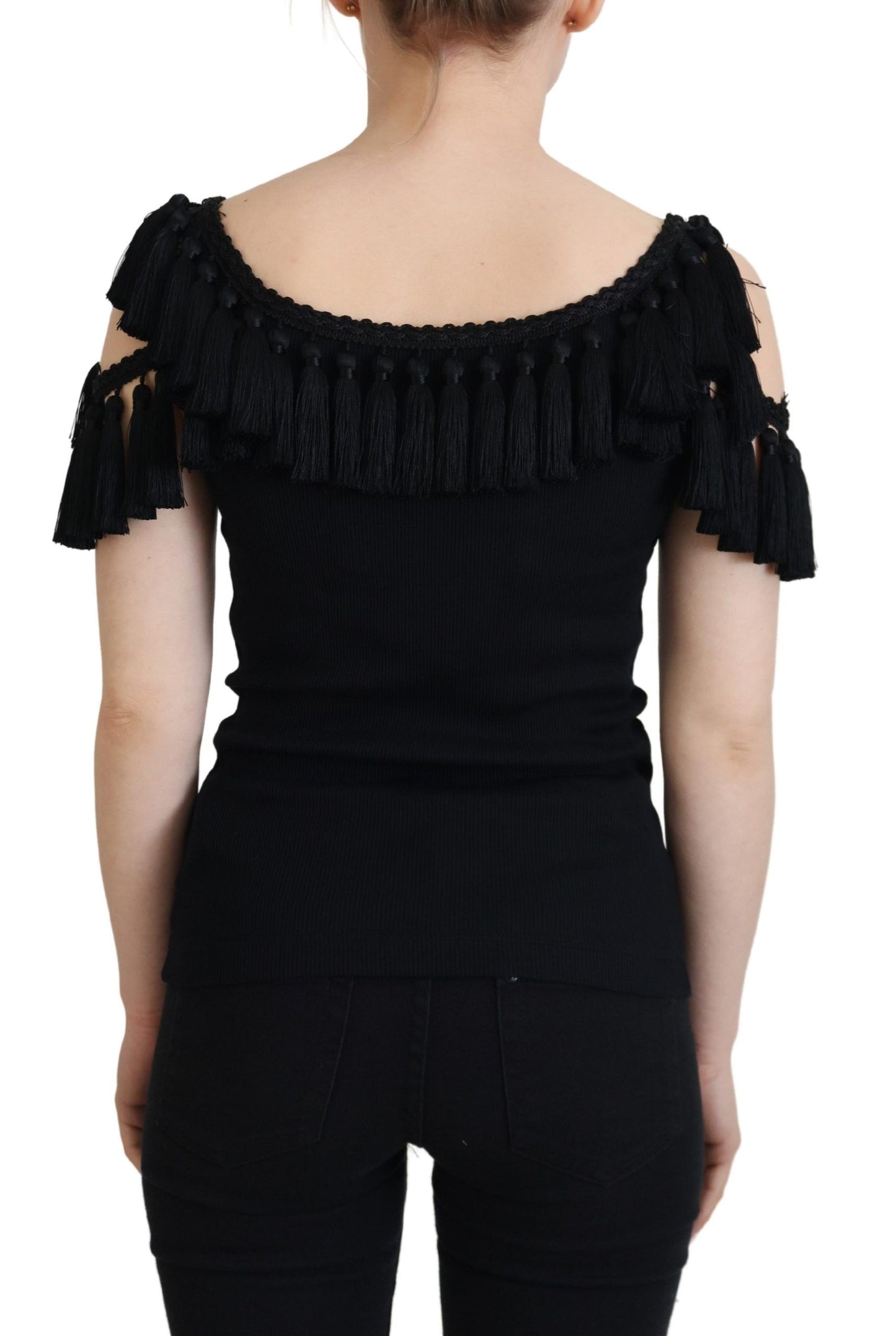 Blouse Dolce & Gabbana noire, débardeur, coton, avec pompons.