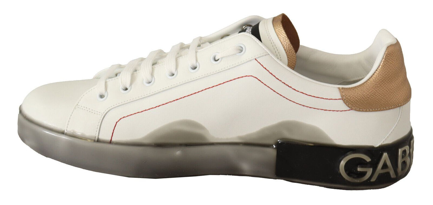 Sneakers basses en cuir blanc et or de Dolce & Gabbana, chaussures décontractées.